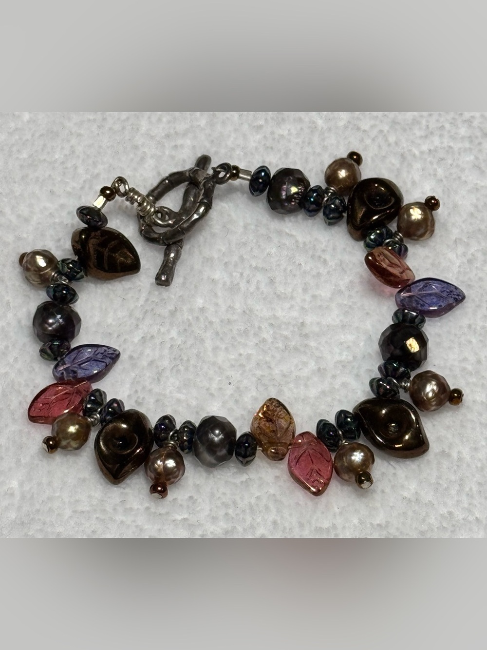 Silver-tone & Brown, Purple & Red Leaf Motif Glass Beaded Bracelet Toggle Clasp